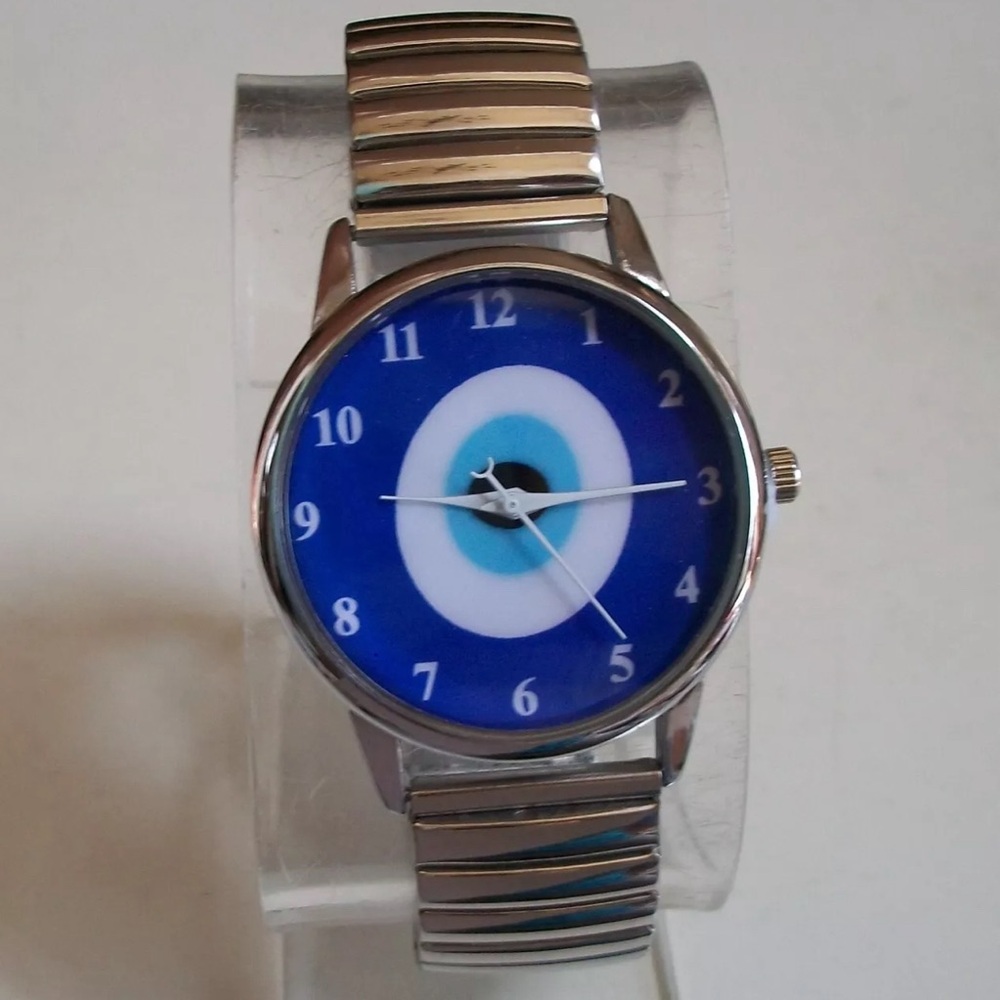 Women's Number Dial Evil Eye Silver Finish Stretch Band Fashion Watch